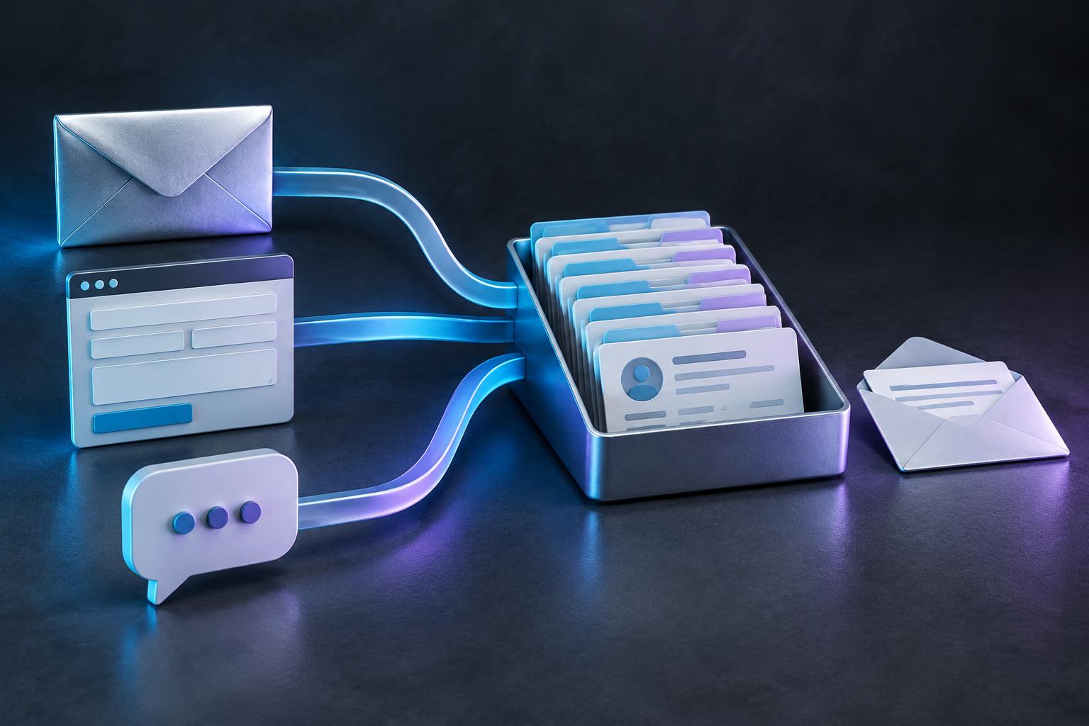 Email, web form and chat converging into structured customer records and a drafted reply