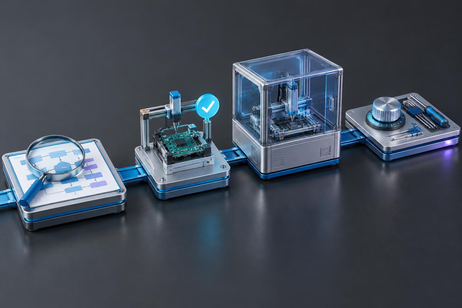 Four linked stations representing discovery, testing, deployment and ongoing improvement