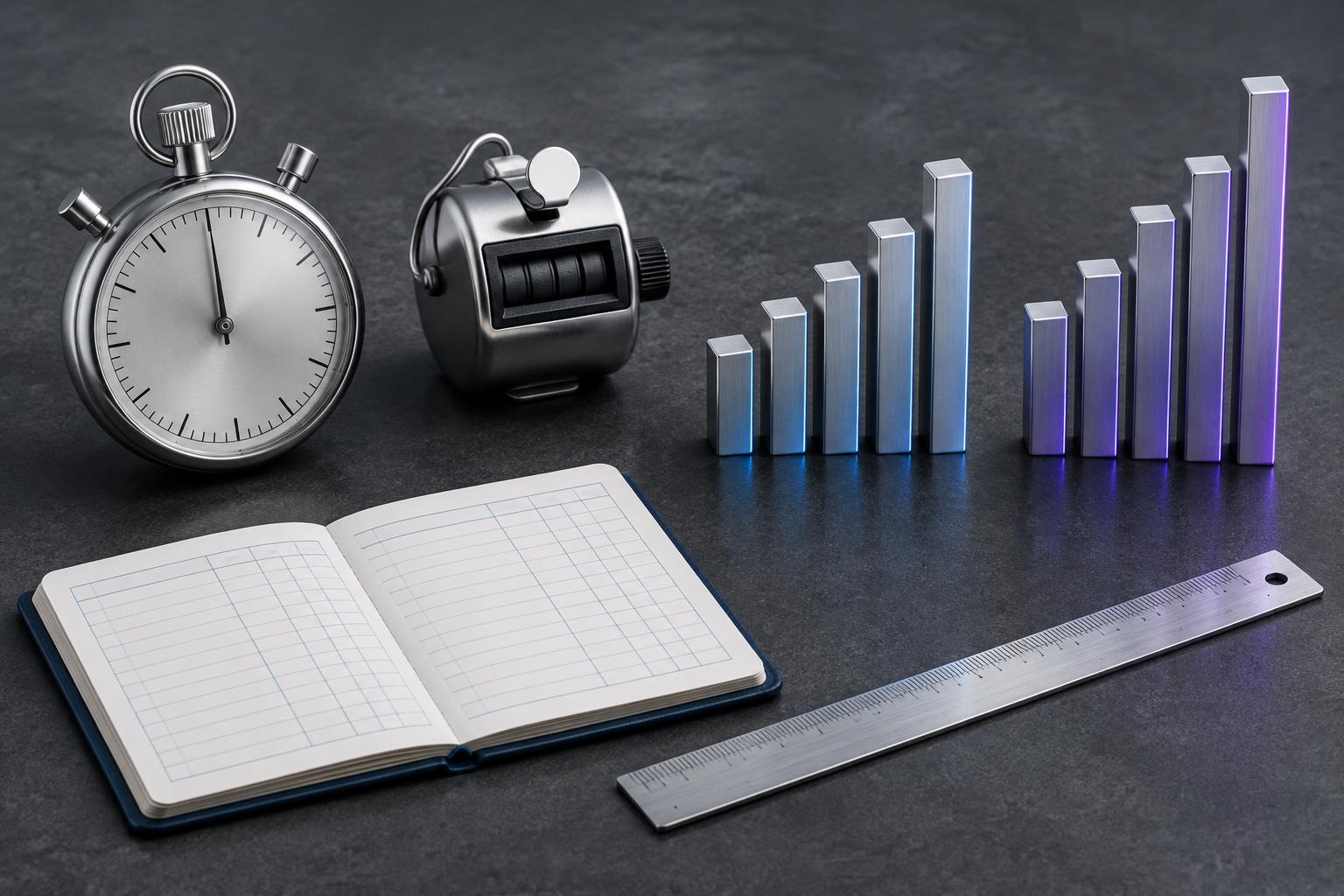 A stopwatch, tally counter, ledger and measuring bars representing automation baseline measurement