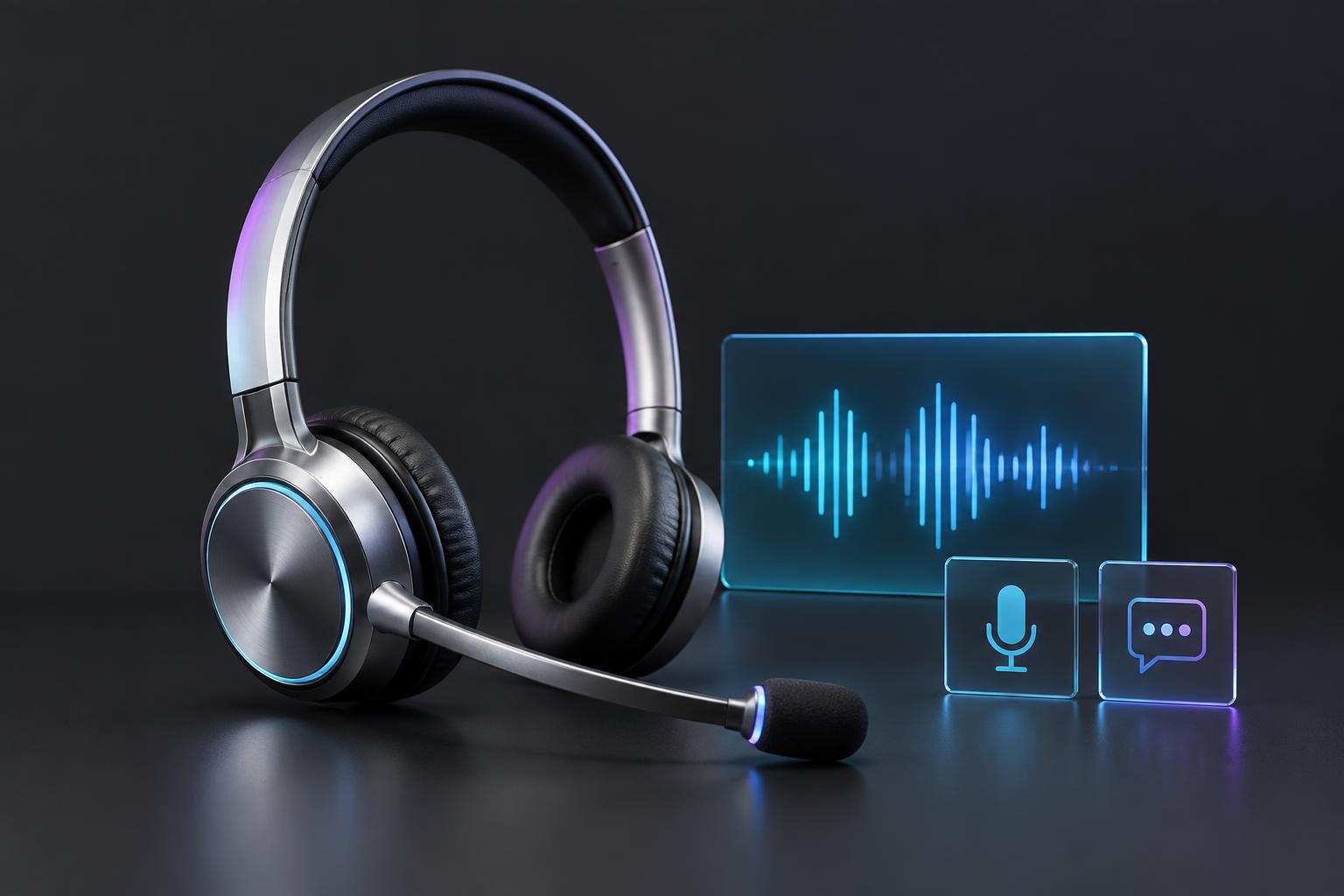 A silver headset with audio and conversation symbols