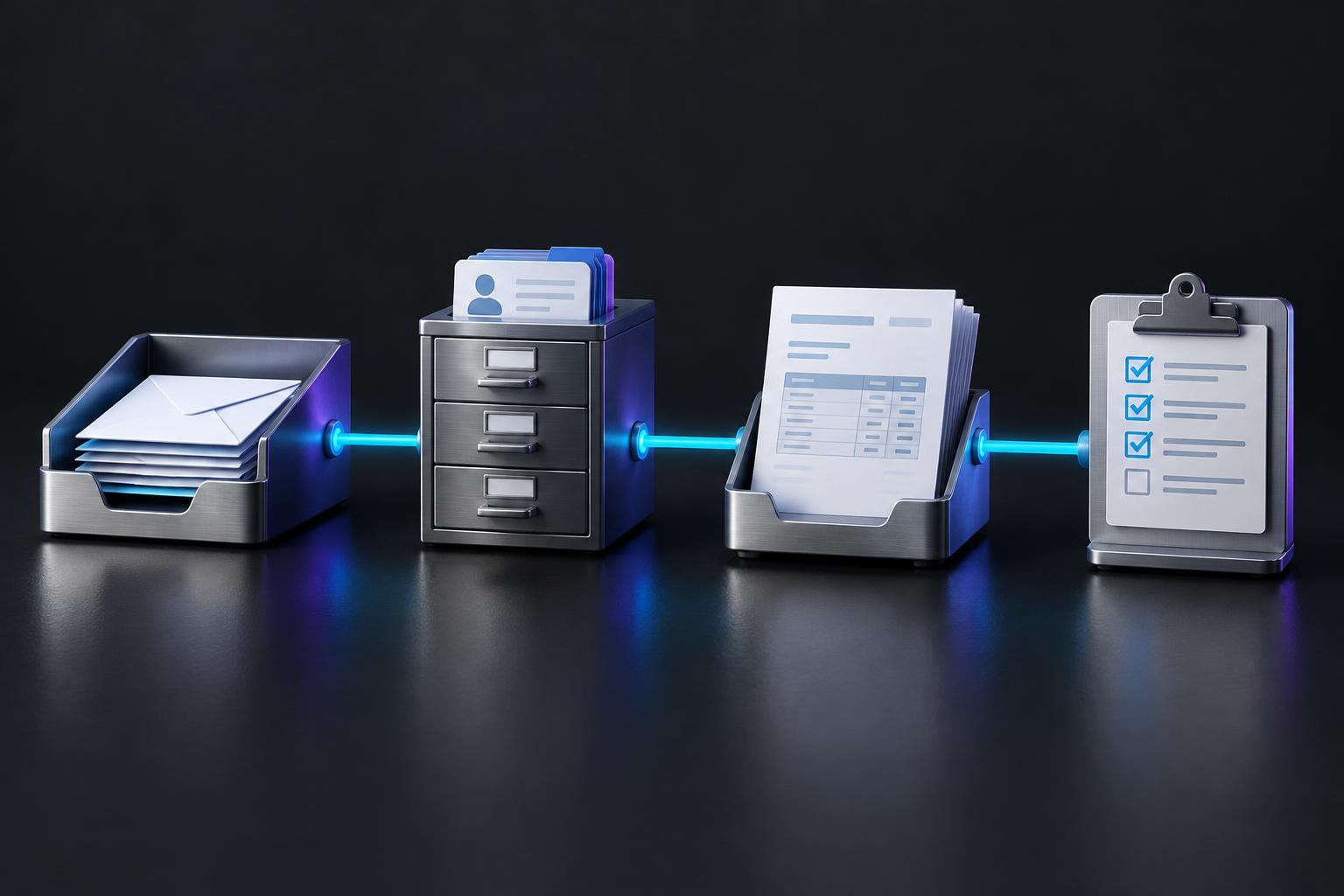 Connected inbox, customer records, invoice and job checklist illustrating automated handoffs